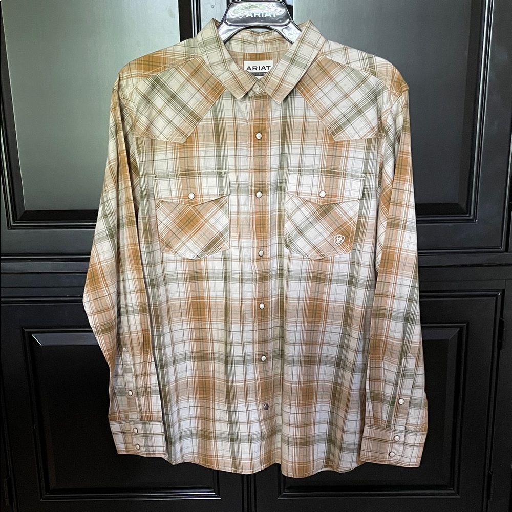 Ariat Men's Casual Plaid Shirt - Tan and Cream